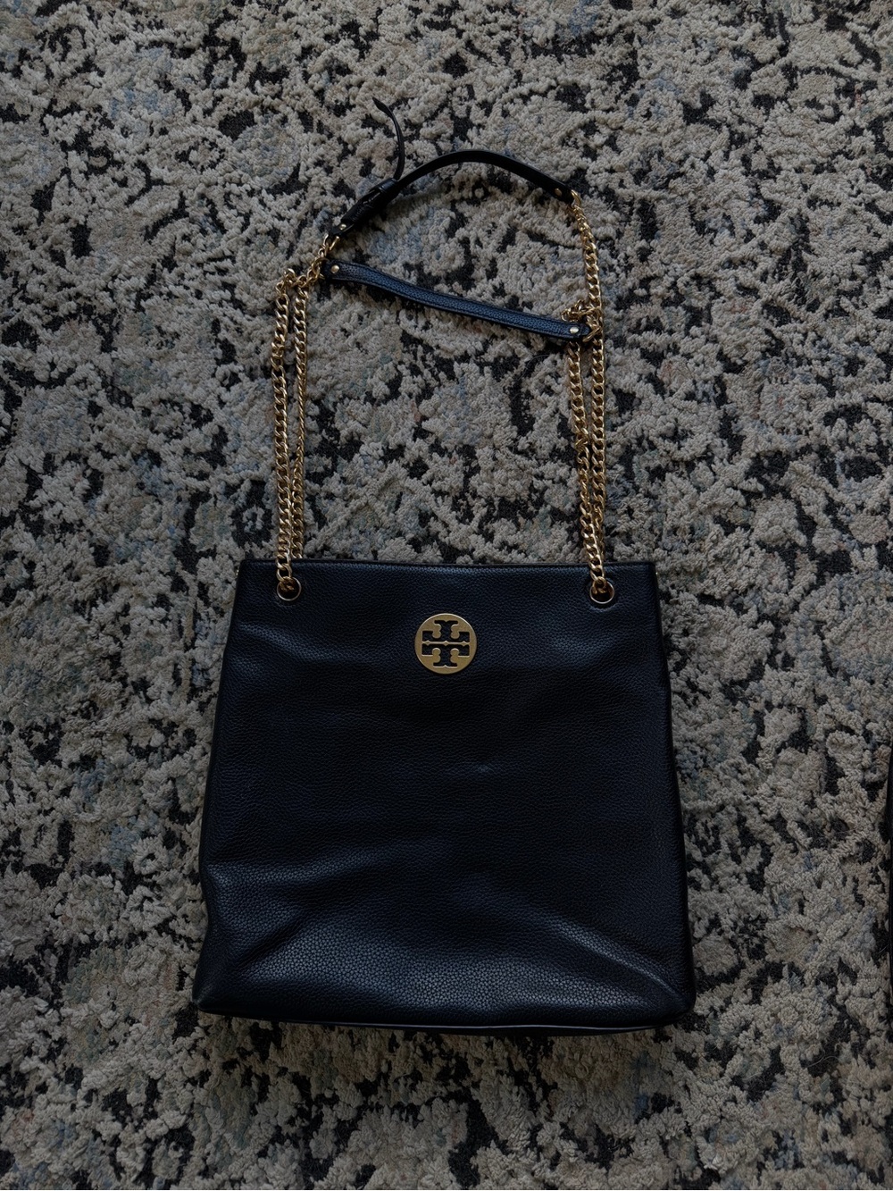 Tory Burch Black Pebbled Leather Chain-Handle Shoulder Bag with Gold Logo